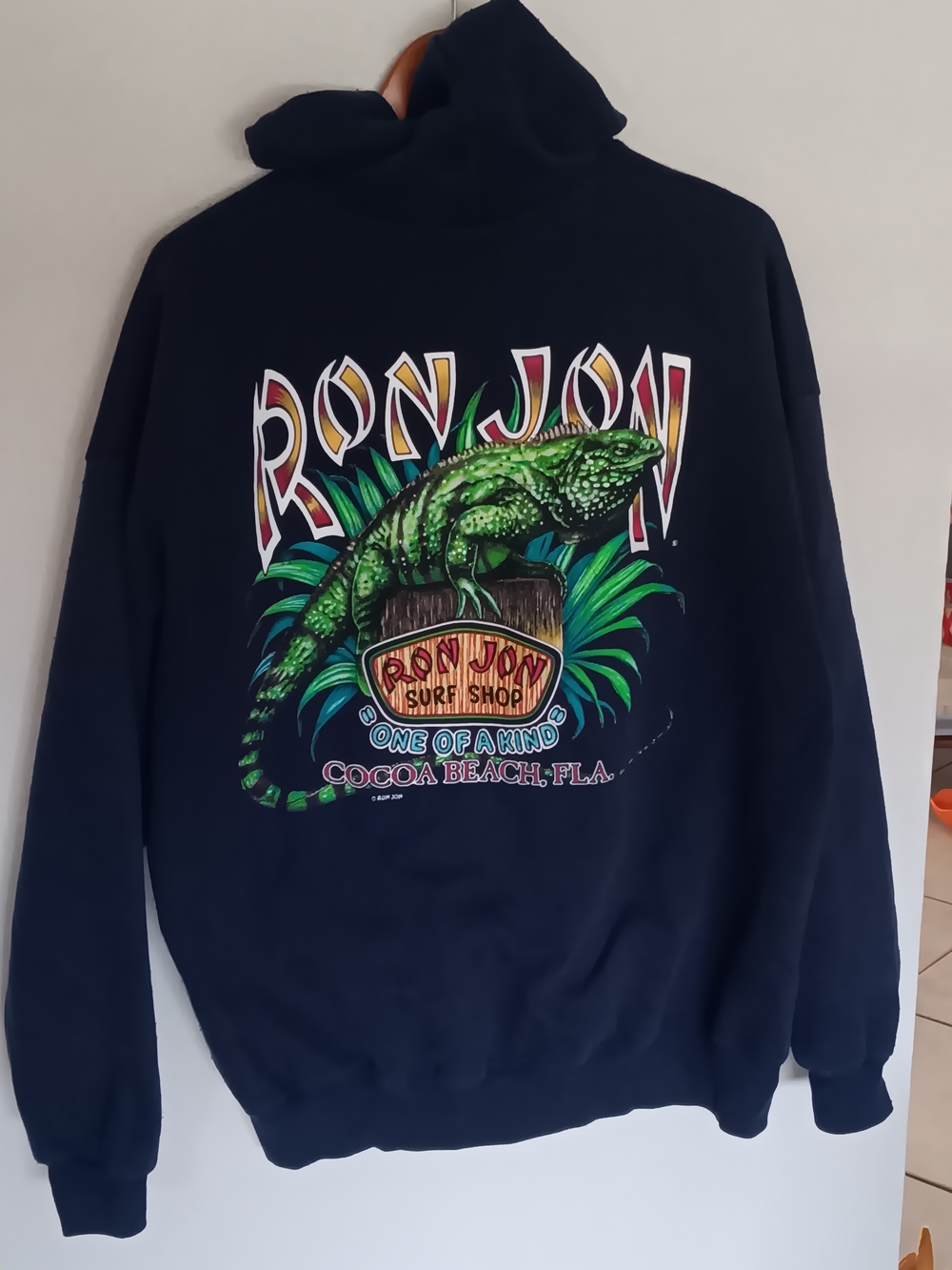 vintage Ron Jon Navy Hoodie Sweatshirt with Green Iguana Graphic